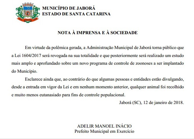 Prefeitura de Jaborá revoga lei sobre o controle de animais