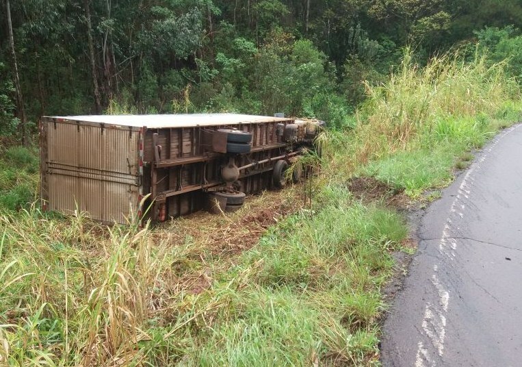 Caminhão tomba na curva de Linha Serraria em Piratuba
